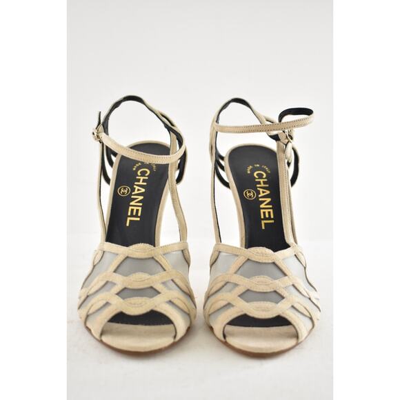 Chanel 18C Beige Suede Mesh CC Logo Strappy Ankle Strap Sandals Heel Pump 37 - Picture 6 of 12